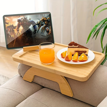 Armrest tray for sofa, adjustable with phone holder, perfect for eating, snacking, and controlling electronics