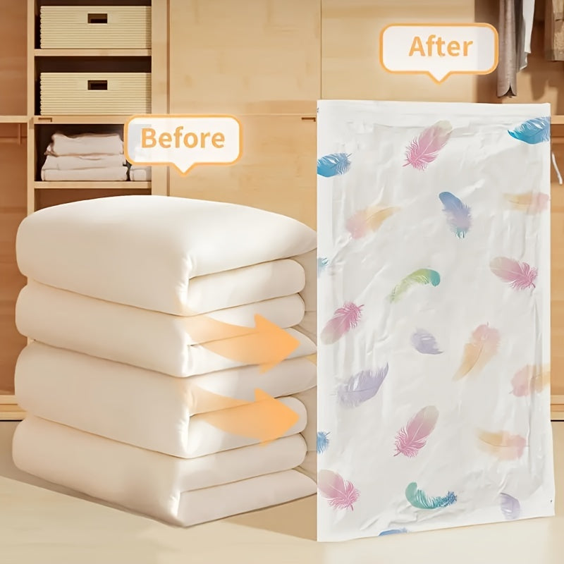 Vacuum Storage Bag Set with Feather Print - 3 Pieces, Travel-Friendly Clothes Bag for Blankets, Bedding, Quilts, Duvets, Great for Home Organization and Saving Space