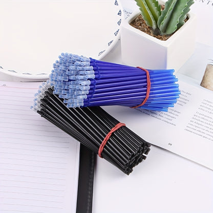 Set of 100 erasable gel pen refills, 0.5mm tip size, in blue/black ink, ideal for school writing.