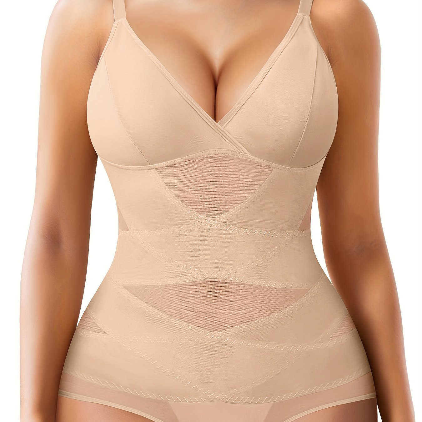 Shapewear bodysuit for women with removable pads, deep V neck, firm tummy control, breathable mesh, butt lifter, all-day wear.