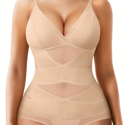 Shapewear bodysuit for women with removable pads, deep V neck, firm tummy control, breathable mesh, butt lifter, all-day wear.