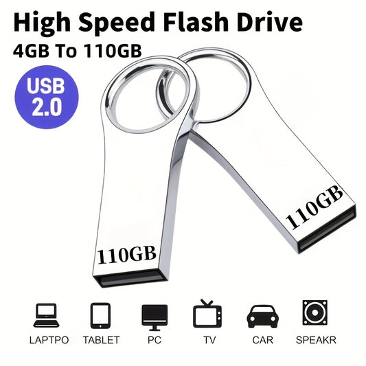 Metal USB stick with real capacity, ranging from 4GB to 110GB, compatible with computers, smart TVs, and car audio systems.