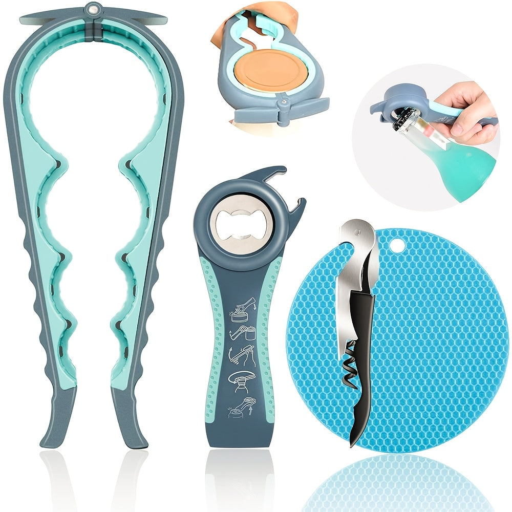 Set of 4 Multi-Function Bottle Openers made of Stainless Steel and Plastic with Comfort Grip handles. Includes Jar Opener, Corkscrew, Cap Twister, and Non-Slip Rubber Pad. Designed for those with Arthritis or Weak Hands, no electricity required. Ideal