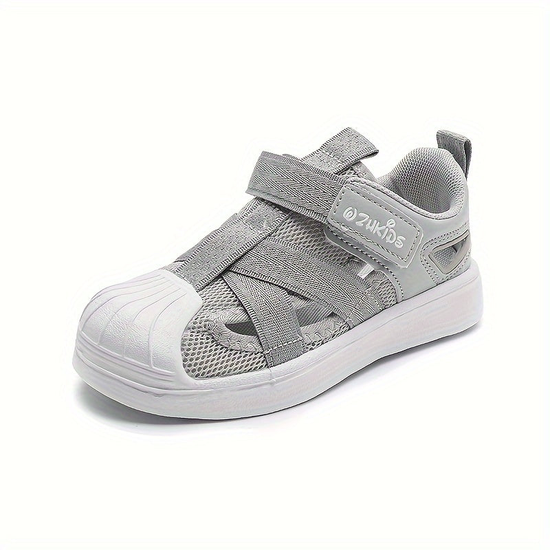 Breathable mesh shoes in blue and white for kids with adjustable strap, non-slip sole, and comfort insole for casual wear and outdoor activities.