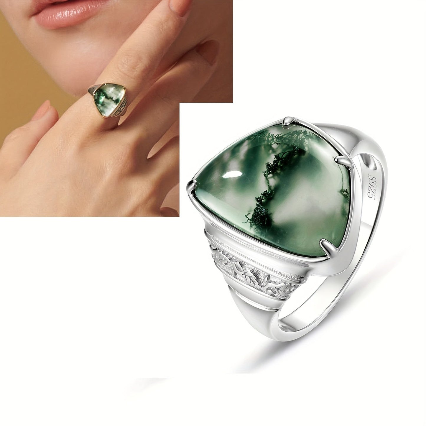 WES oddiy Boho uslubida yaratilgan ajoyib Moss Agate uzukni taqdim etadi, S925 Sterling Silver dan tayyorlangan. Uzukning geometrik notekis shakli 10.5*15mm o'lchamda va 7.5ct tabiiy toshga ega. Bu modali Vintage to'y uchun ajoyib tanlov.