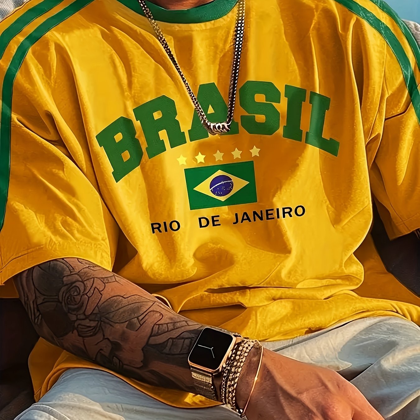 Brazil-inspired casual short sleeve t-shirt for men, in plus size. Made from polyester knit fabric with slight stretch, perfect for summer outdoor and daily wear.