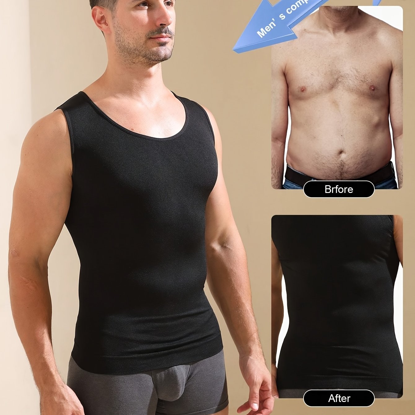 Men's Compression Tank Top with high stretch knit fabric, crew neck, sleeveless design, solid color, skinny fit, moisture-wicking, quick-drying features. Ideal for body shaping and tummy