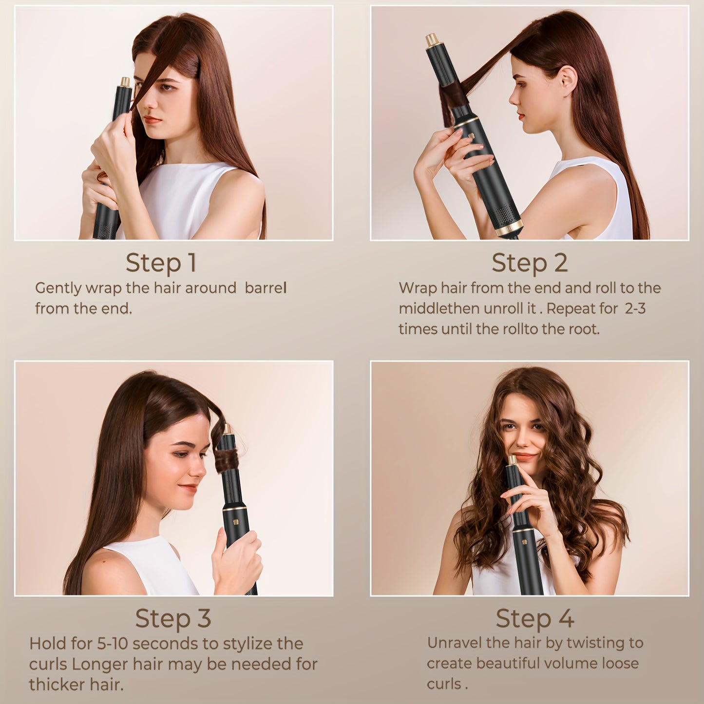 2024 updated 5-in-1 hot air brush with 800W power. Includes detachable hair dryer brush, diffuser, air curler wand, oval hair straightener brush, and hair dryer with nozzle. European