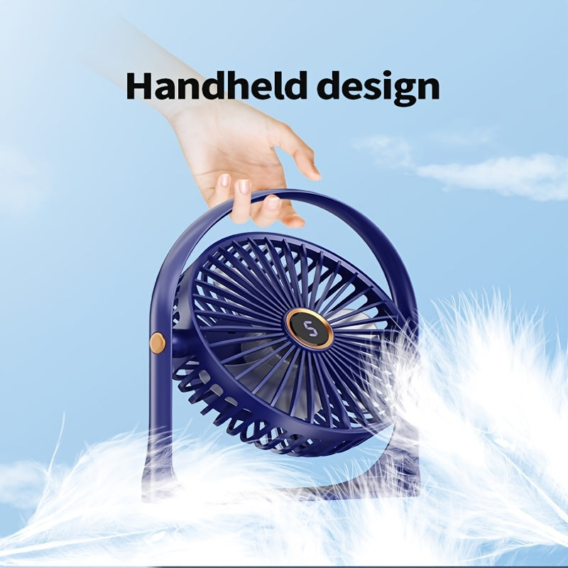 Compact USB powered table fan, 5W handheld rechargeable clip-on personal fan with lithium battery, operates quietly for use in home, office, car, and dorm - made of durable plastic with easy push button control.