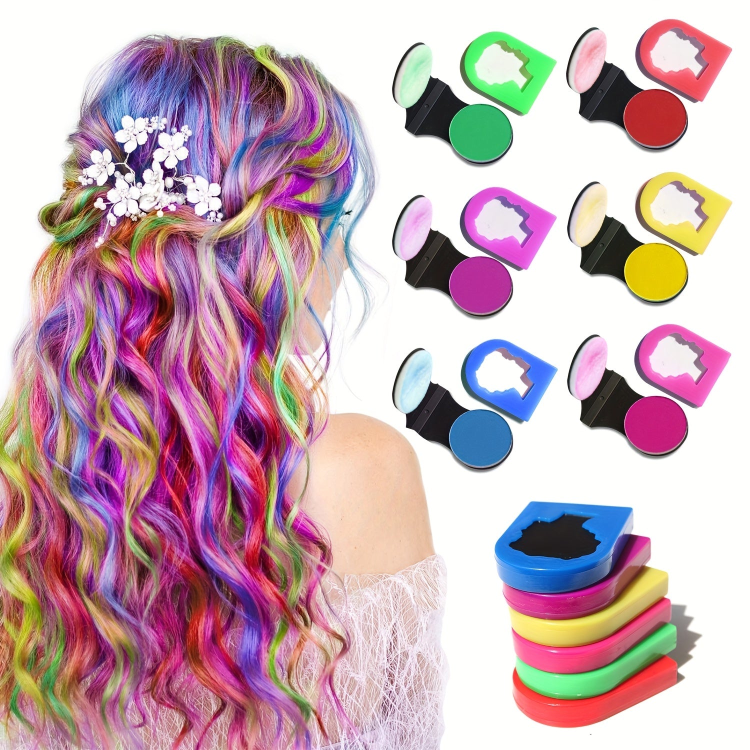 6-piece vibrant hair chalk set for all hair types, perfect for parties and cosplay, easy washout with shampoo, includes black, blue, green, pink, yellow, and red colors, with hair