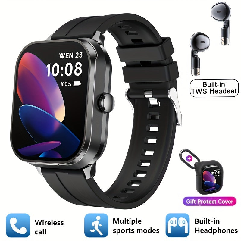 Paearofero 2-in-1 Smart Watch with TWS Earbuds, Wireless Charging, Large TFT Screen, Fashionable Square Alloy Case, Call/Date/Weather Features, Interchangeable Straps, Keychain Case