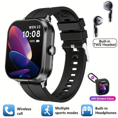 Paearofero 2-in-1 Smart Watch with TWS Earbuds, Wireless Charging, Large TFT Screen, Fashionable Square Alloy Case, Call/Date/Weather Features, Interchangeable Straps, Keychain Case