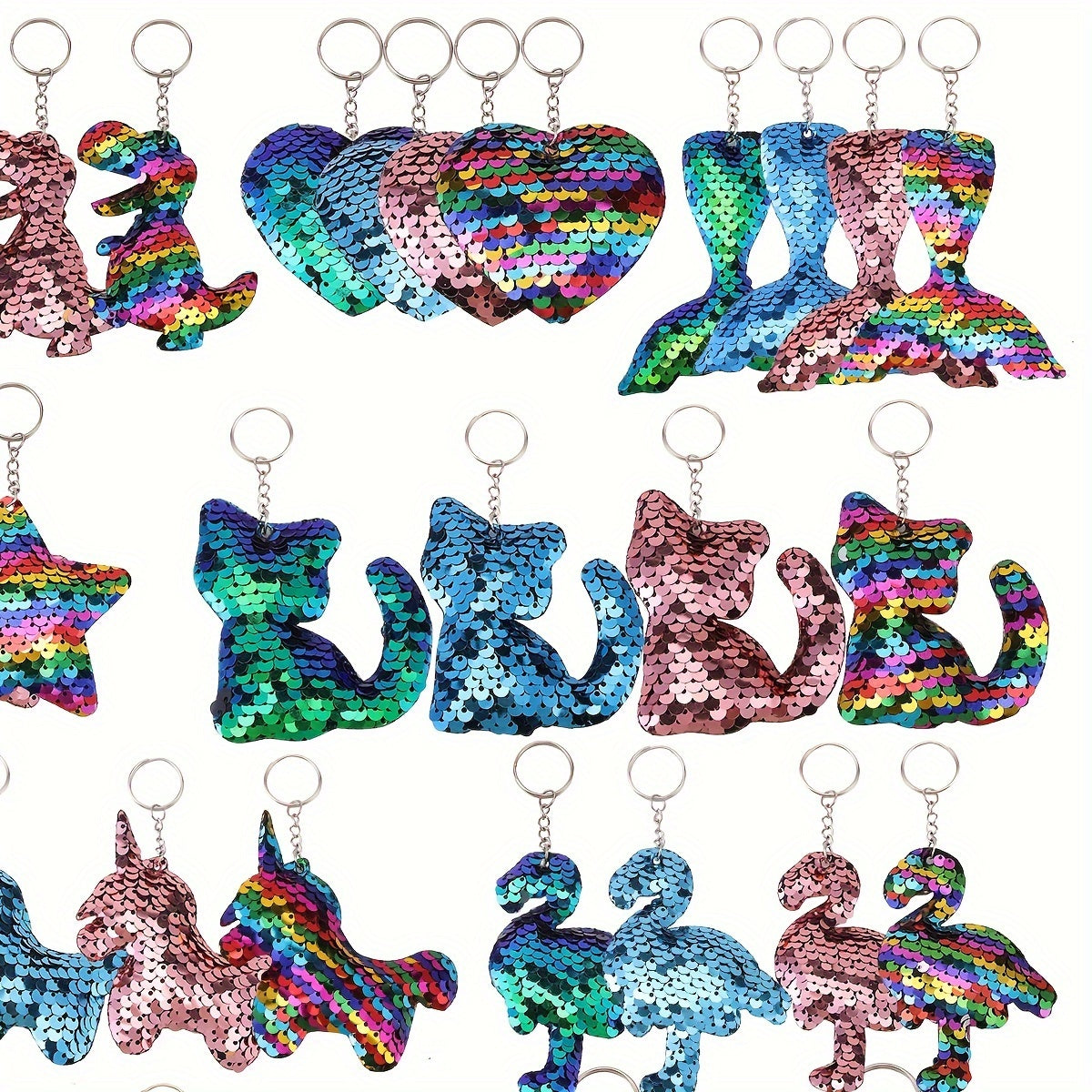 Set of 32 Sparkling Sequin Keychains featuring Flamingo, Mermaid Tail, Butterfly, and Unicorn shapes - Ideal for Party Favors, Birthday Gifts, and Back-to-School Decor.