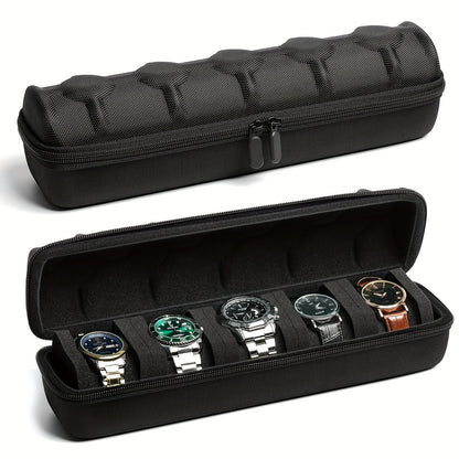 Travel in Style with a 5-Slot Watch Storage Box for Men and Women, featuring a Durable Hard Shell, Soft Foam Pillow, and Convenient Handle