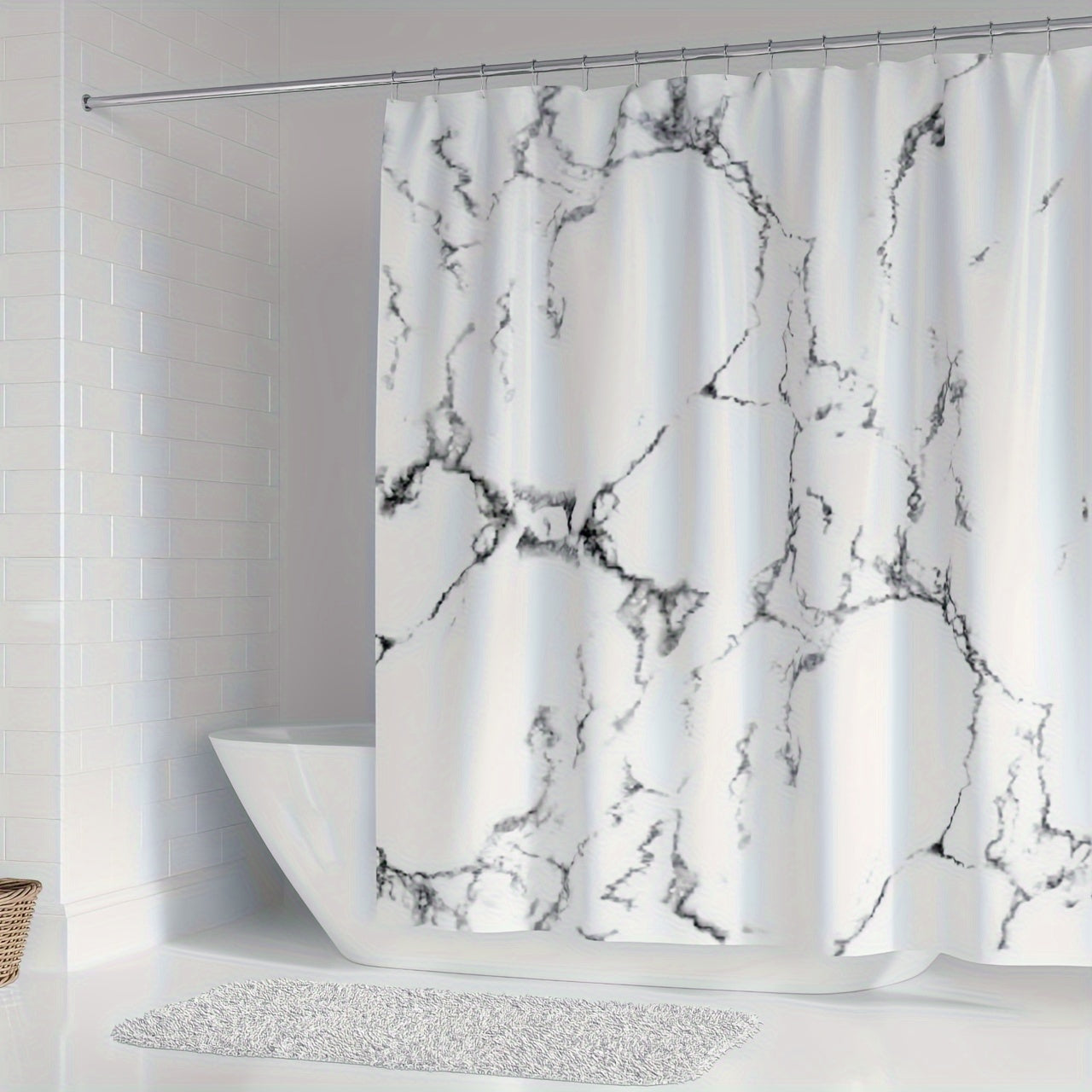 Get the Elegant Marble Pattern Shower Curtain Set with Plastic Hooks for your bathroom. This waterproof, moisture-resistant polyester curtain is machine washable and extra long at 180.34x199.9cm. Enhance your bathroom with this chic decor set.