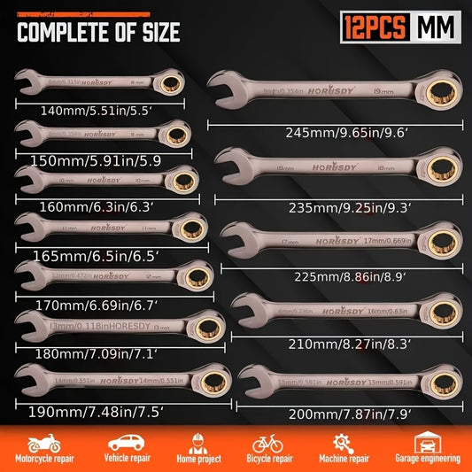 12-piece metric ratchet wrench set (8-19mm) made of chrome vanadium steel with organizer for industrial use, featuring 72 teeth.