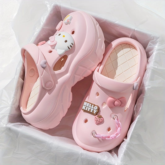 Hello Kitty & Kuromi Girls' Pink EVA Clogs with Charms - Cute, Comfy Beach Sandals