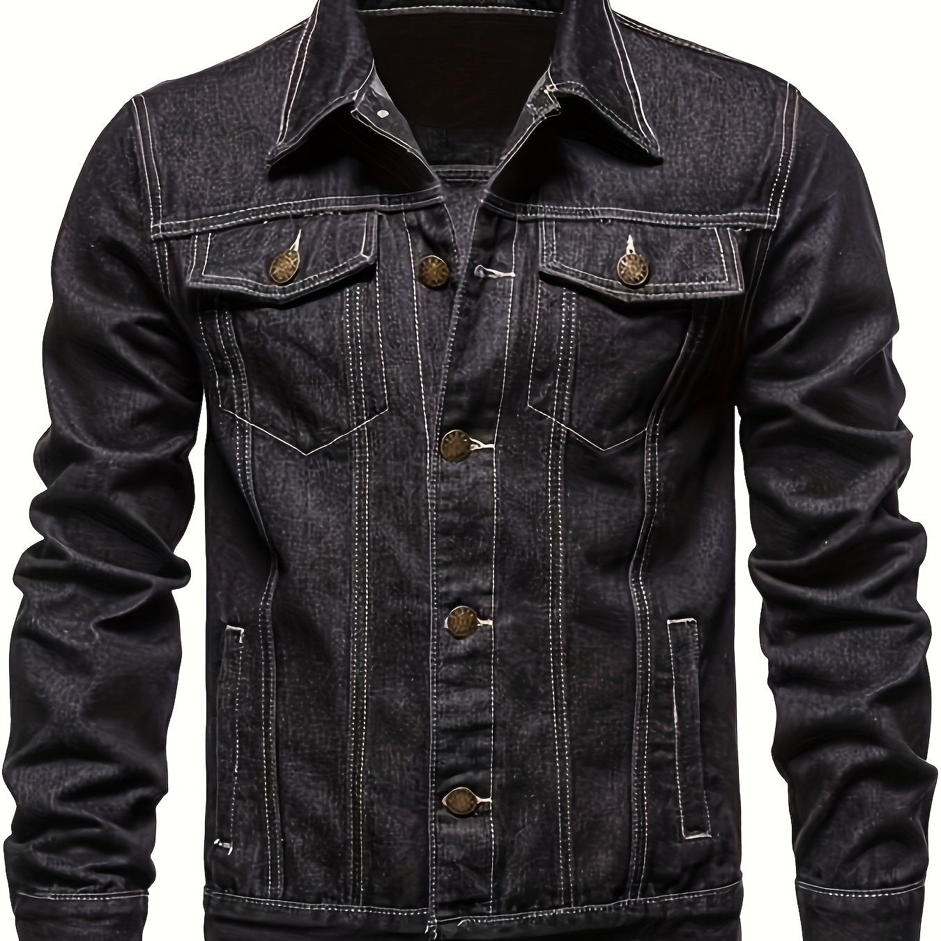 Men's casual street style denim jacket with multiple pockets.