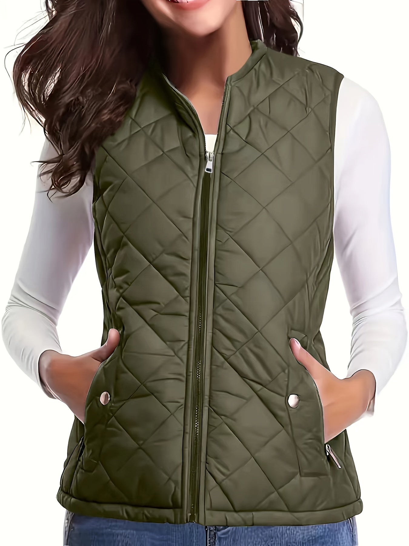 Women's sleeveless vest jacket with zipper in plain color, suitable for autumn and winter, in large size