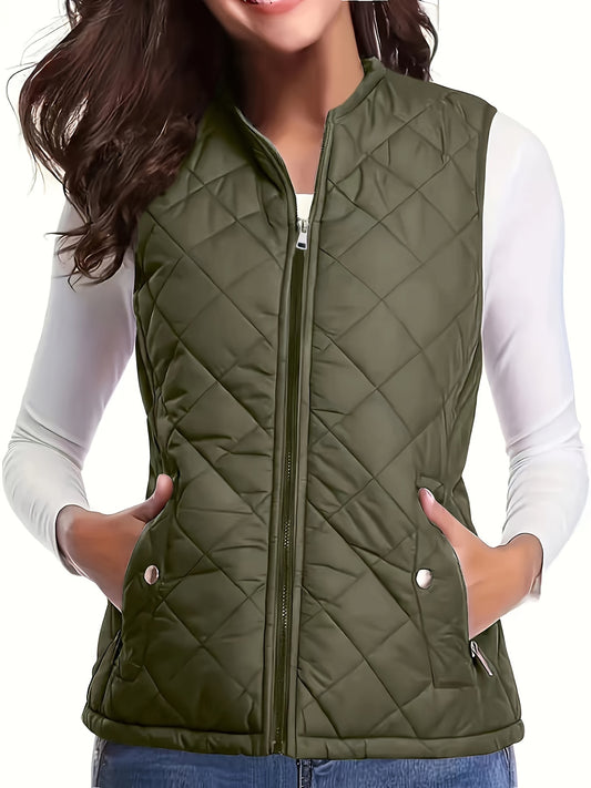 Women's sleeveless vest jacket with zipper in plain color, suitable for autumn and winter, in large size