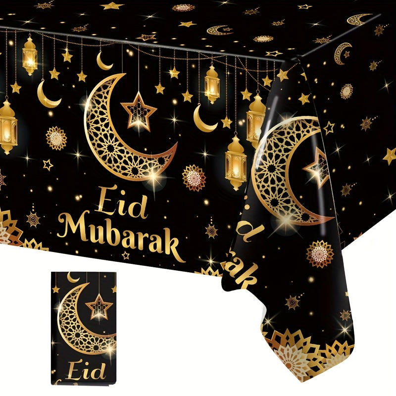 1 dona Eid Mubarak stol qoplamasi qora oltin oy yulduz chiroq dizayni bilan, plastik PE dan tayyorlangan, o'lchami 130x220 sm. Ramazon, Eid Al-Fitr, Islom musulmon partiyasi bezaklari va Eid Al Adha uchun mukammal.