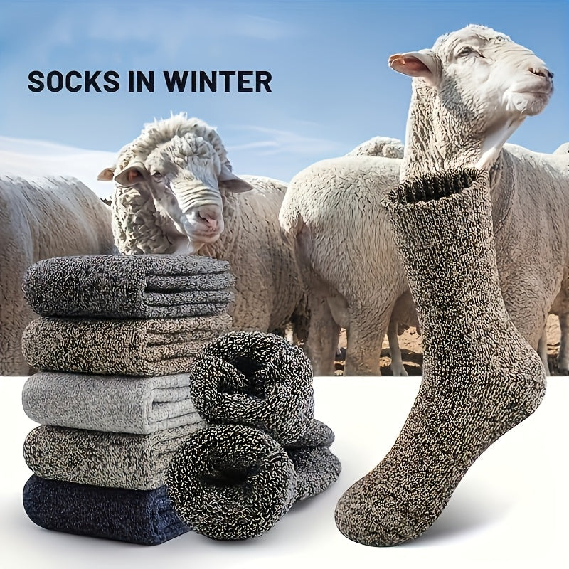 5 pairs of men's thick wool blend mid-calf winter socks in solid colors, soft and warm for casual or cold weather. Gift-ready packaging, quality fabric.