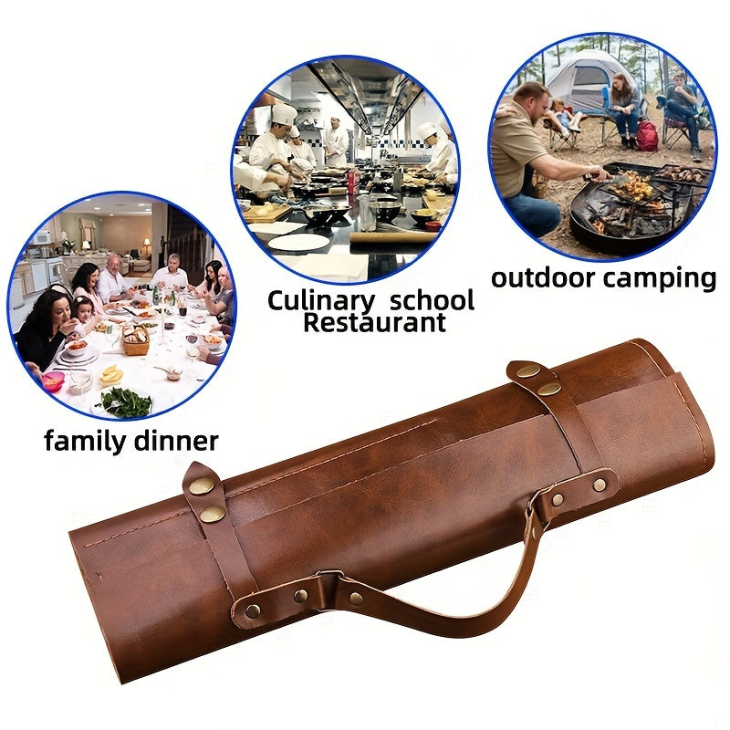 Chef Knife Roll Up Bag made of 1 piece Genuine Leather, perfect for storing chef tools. This portable and folding knife bag is durable and ideal for travel, camping, and kitchen organization. Carry your chef knives in style with this perfect kitchen tool