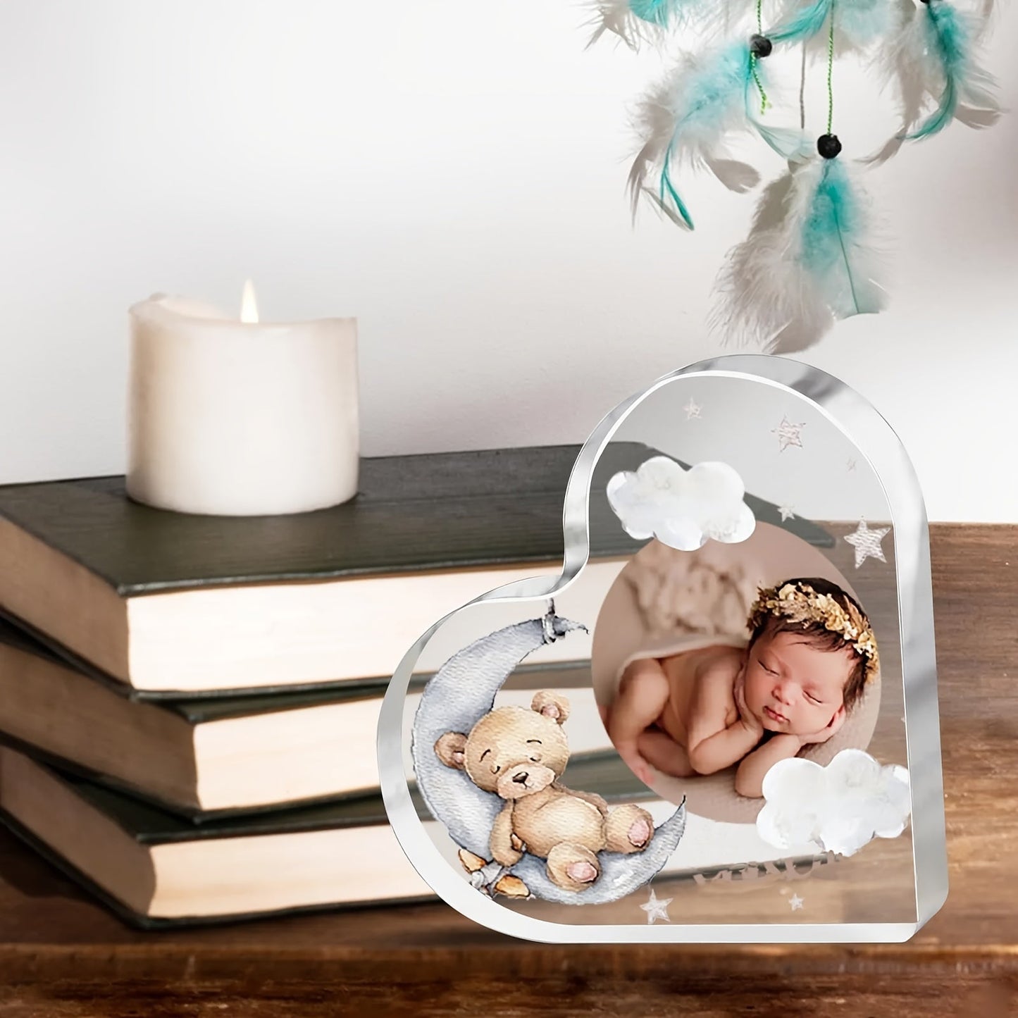 Add a personal touch to your child's room with a Custom Acrylic Heart Plaque featuring a cute bear design. This personalized photo love sign makes a perfect keepsake gift for your son or daughter.