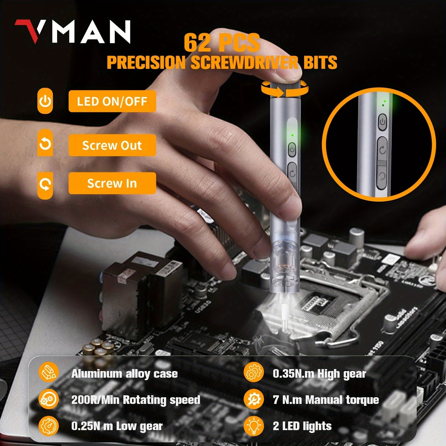 VMAN 138-in-1 Precision Electric Screwdriver Set with Battery/USB Dual Power Mode, Chrome Vanadium Steel, 230mAh Lithium Polymer Battery, ≤36V Operating Voltage for Mobile Phones, Cameras