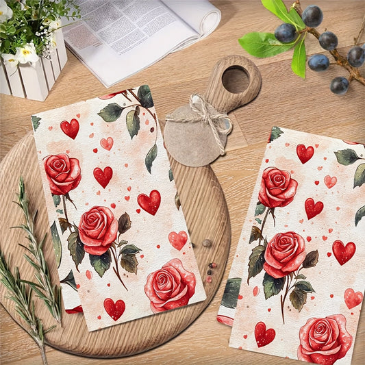 This set includes 2 ultra-soft kitchen towels with a delicate design of roses and hearts, perfect for Valentine's Day. These highly absorbent dish towels are ideal for holiday decoration, machine washable, and measure 40.64x60.96 cm.