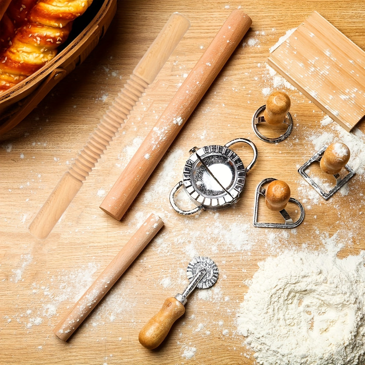 Set of 9 Pasta Making Tools Including a Wood Gnocchi Board, Noodle Cutter, Wooden Rolling Pin, and Ravioli Stamp for Homemade Pasta Maker Kitchen Kit