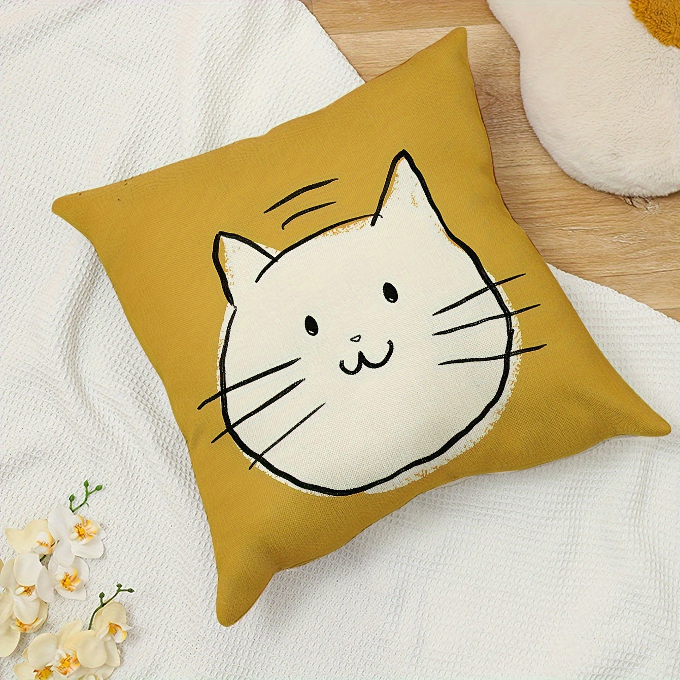 Modern linen pillow cover featuring a cute cat print, 44.96cm x 44.96cm, with zipper closure. Suitable for machine wash. Ideal for sofa, living room, or bedroom. Includes 1 piece.