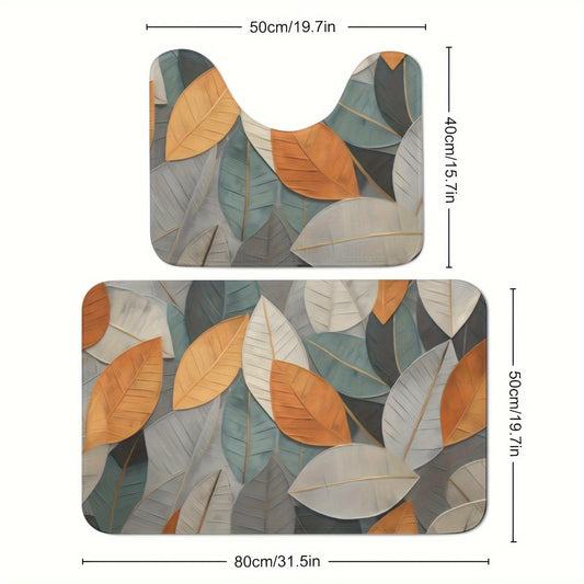 Set of 2 Bathroom Toilet Mats featuring a Thickened 600g High Resilience Foam and Abstract Leaf Pattern. These Non-Slip Microfiber Absorbent Mats are perfect for your bathroom, and are machine washable for easy cleaning. Set also includes Bathtub Mats