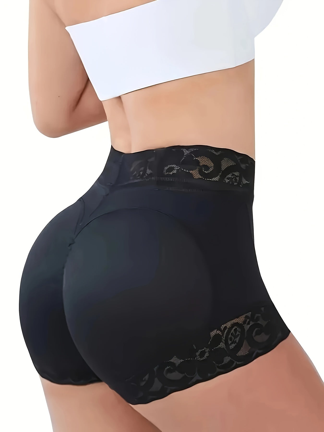 Lace high-waisted body shaper briefs for slimming and enhancing.