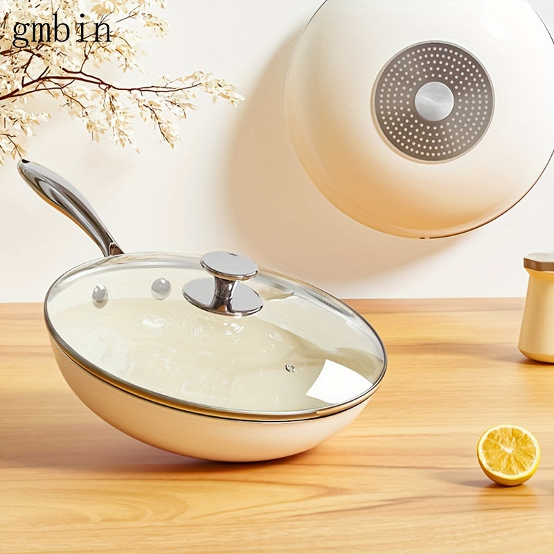 gmbin Ceramic non-stick frying pan is made of internet-famous shell porcelain, featuring a wheat rice stone flat bottom for deep frying.