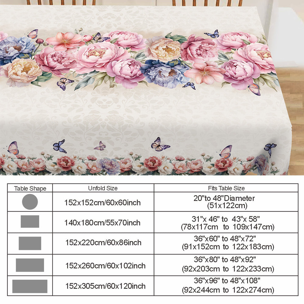 Rectangular polyester tablecloth with spring floral peony and butterfly rose design, machine-woven for indoor/outdoor parties and home decor. Perfect Easter spring decor gift.