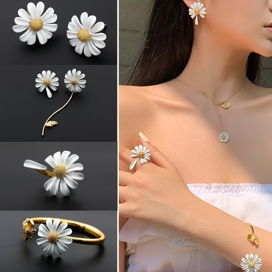 Set of Daisy Flower Jewelry Pieces in Stainless Steel - Includes Earrings, Necklace, Ring, and Bangle. Adorable Style, Ideal for Everyday and Vacation Wear. Suitable for All Seasons, Unplated Design.