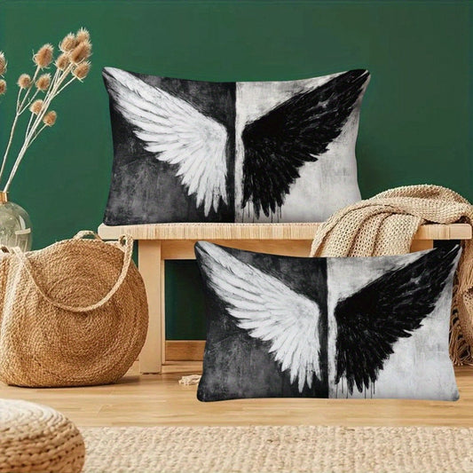 Set of Two Contemporary Black and White Angel Wings Pillow Covers, Casual Polyester Square Cushion Cases with Zipper Closure, Easy to Clean in Washing Machine, Versatile Decorative Pillowcases for Sofa, Bed, or Outdoor Use - Filler Not Included