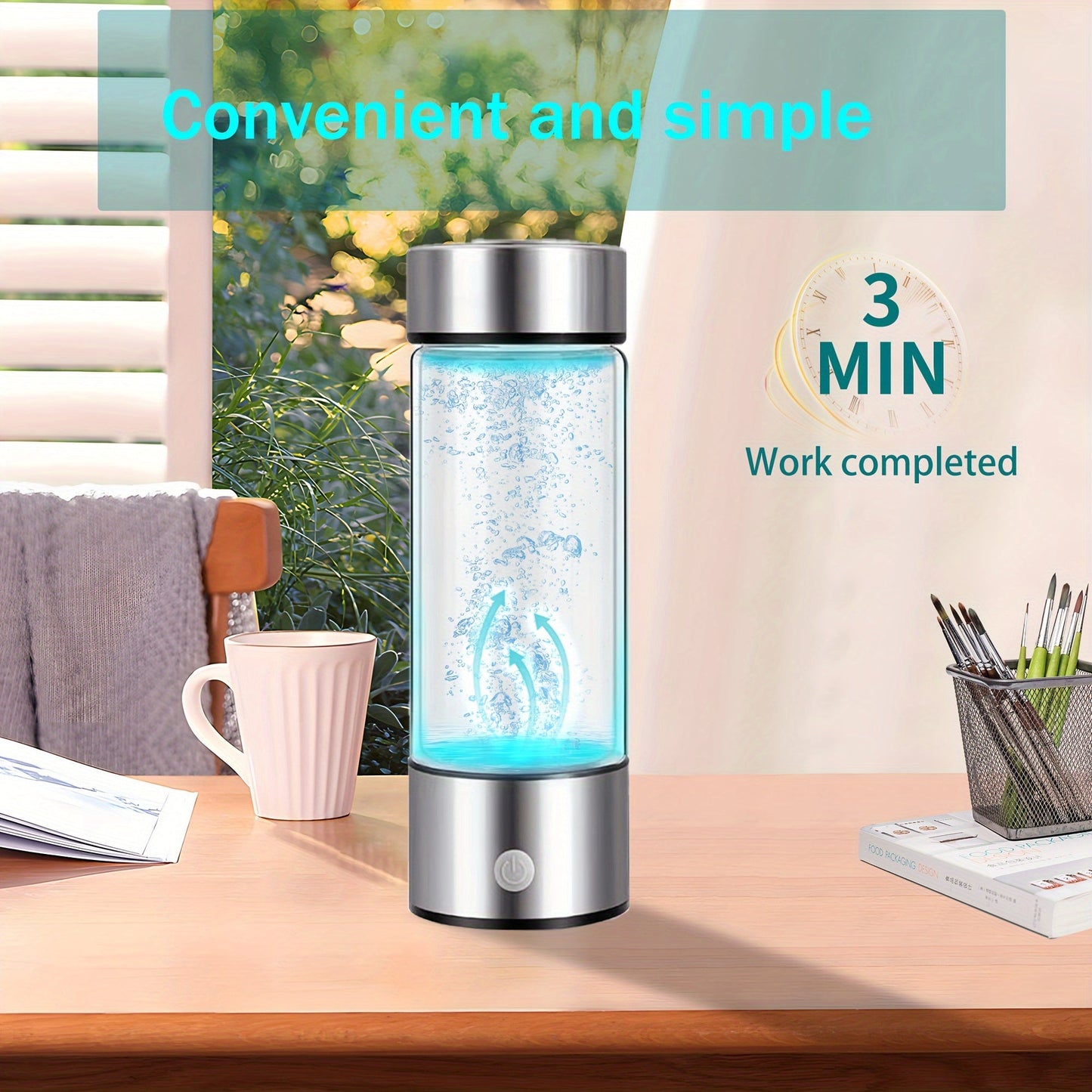 Take your hydrogen water on-the-go with this portable, rechargeable hydrogen-rich water glass health cup. Perfect for home and travel, this hydrogen water bottle, ionizer, and generator provides you with the ultimate hydration solution.