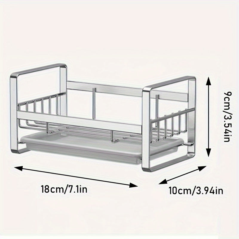 Get organized in the kitchen with this stainless steel drain rack. Stocked with essential items including a sponge wipe, steel wool ball, hand soap, sink cover, dish soap, dishwashing brush, and shelf.