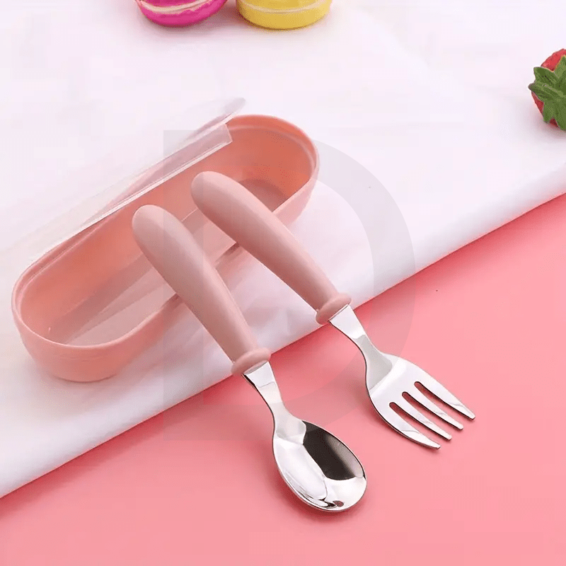 1-Piece Stainless Steel Utensil Set with Easy-Grip Handle for Ages 0-3. Includes Fork & Spoon in Storage Box. Wooden Material-Free, Electricity-Free. Color: Blue.