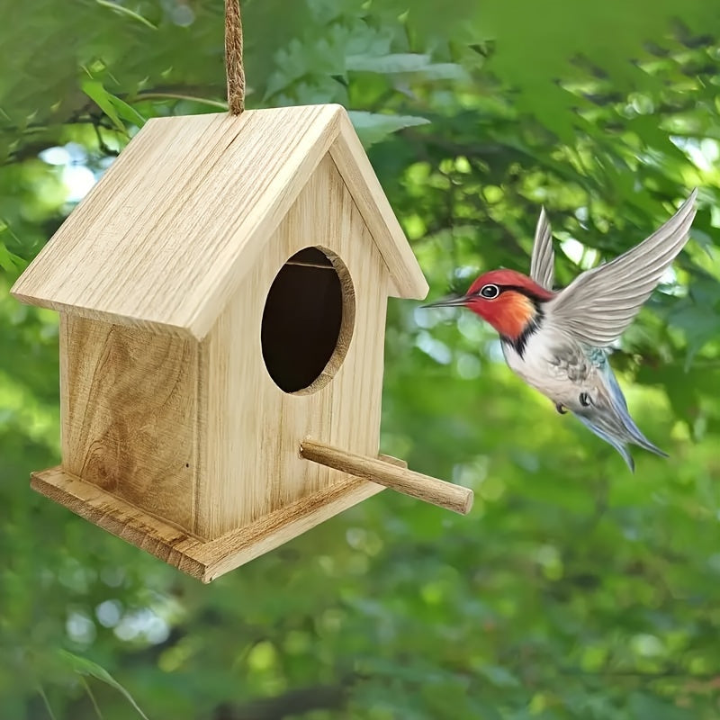 Mini hanging bird feeder made of handcrafted wood, with perch and natural finish, perfect for attracting hummingbirds and small birds in the garden.