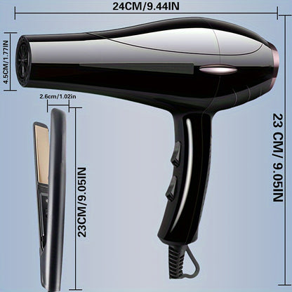 Salon-quality professional hair dryer set with straightener, European plug, includes diffuser, comb, hair clips, and brush. Features 2100W brush motor, 220V, non-folding plastic handle, and