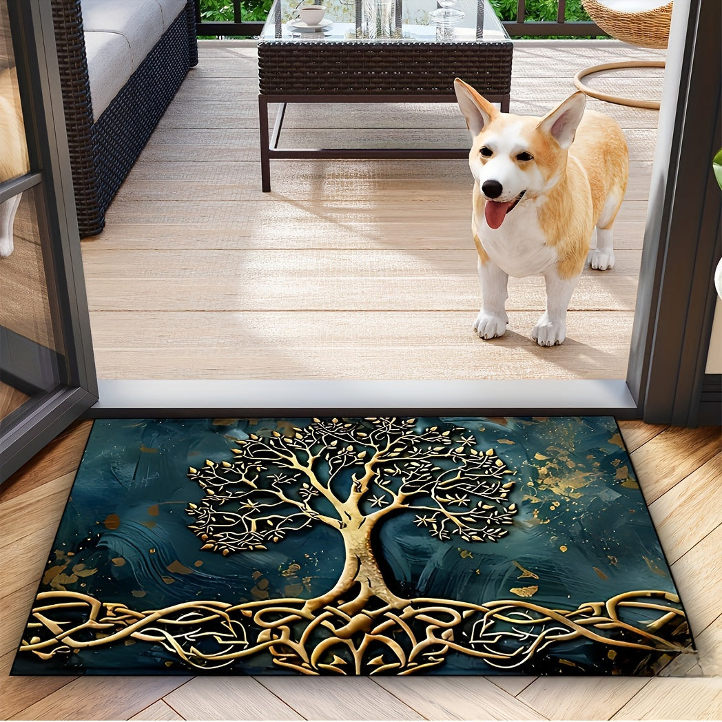 Life Tree Pattern Welcome Mat made of crystal velvet fabric with silicone backing, 1000g/m², non-slip washable rectangular entry rug for home, garden, patio, laundry, bathroom decor. Hand