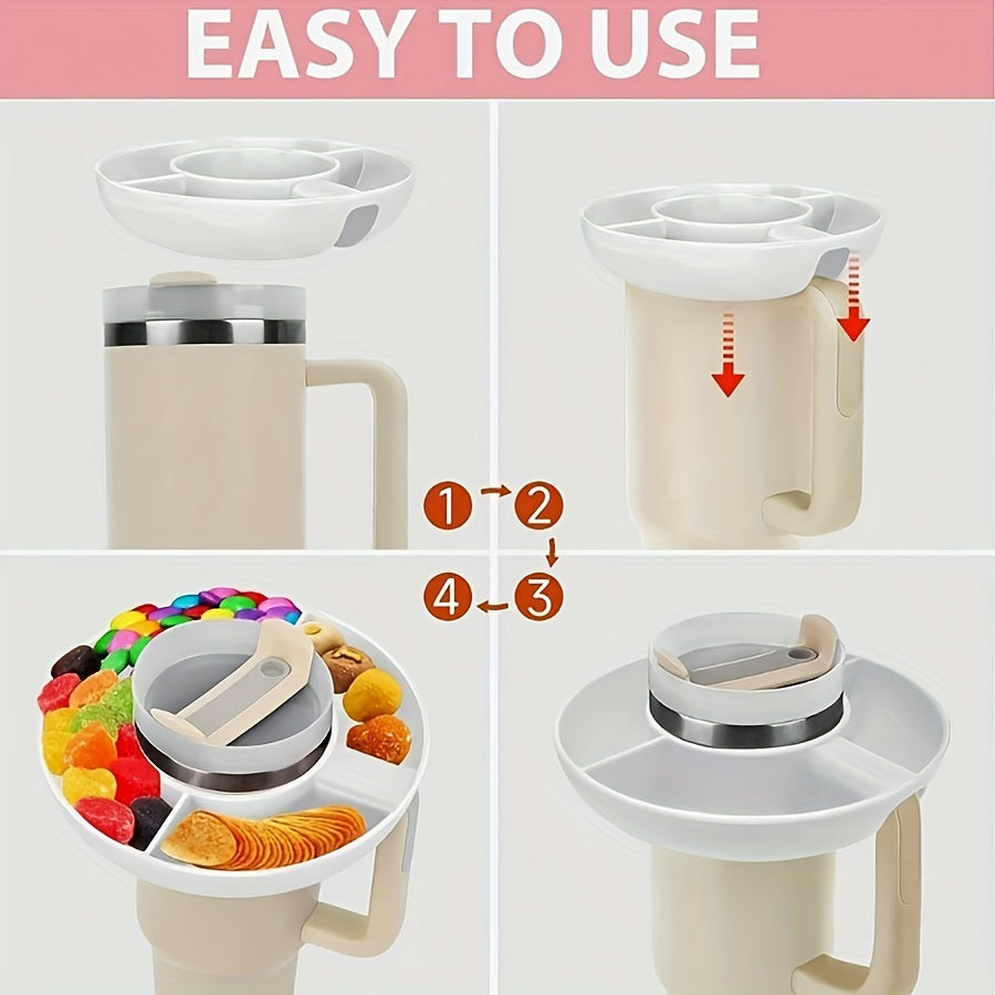 Plastic snack tray cup accessory with 3 dividers, easy to assemble, suitable for flat-mouth cups.