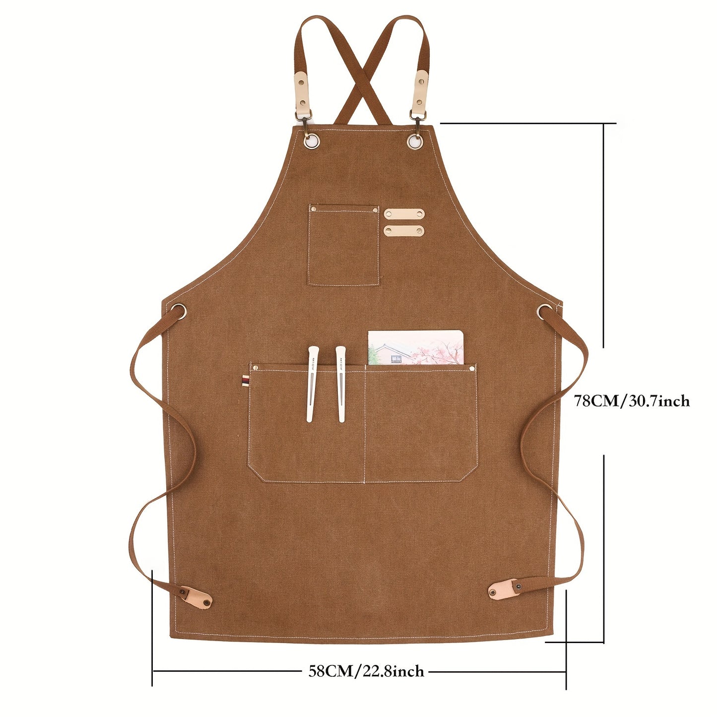 Sturdy brown canvas apron with adjustable straps & multiple pockets, ideal for coffee shops, restaurants, and home kitchens.