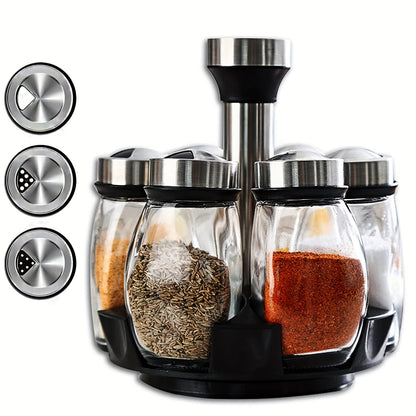 Revolving spice rack set includes 6 or 12 jars with 360° rotation shelf and glass refill containers for cabinet or countertop. Spices not included.