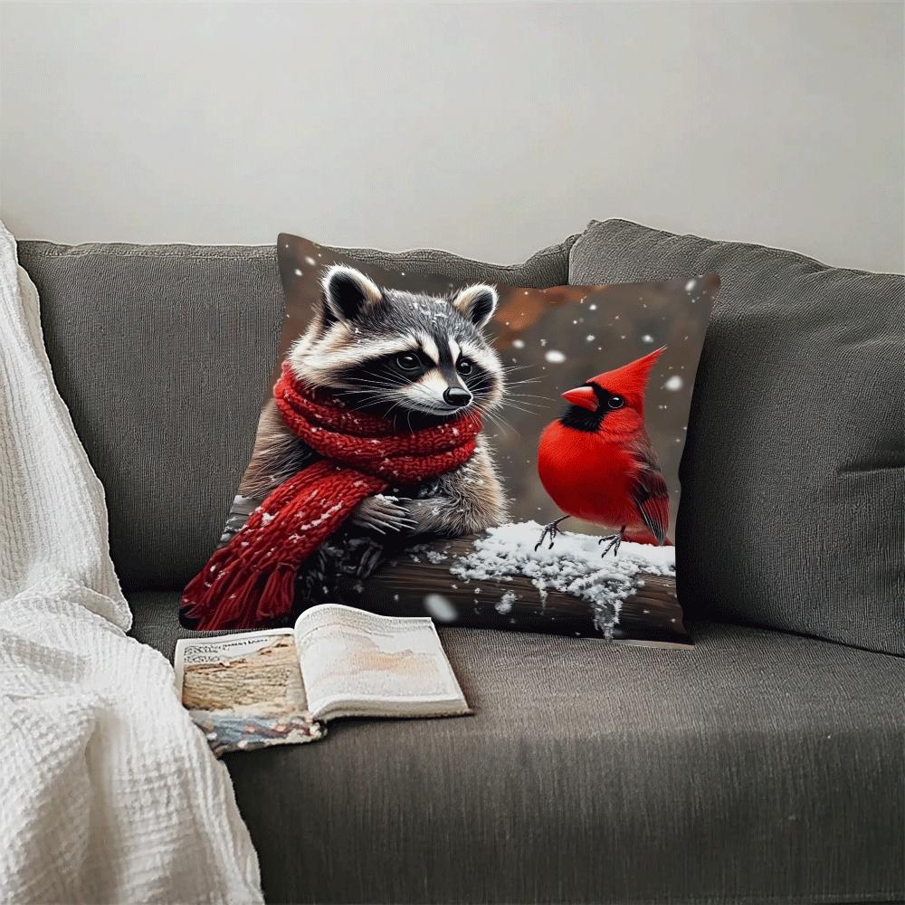 Decorate your space with this charming Raccoon & Cardinal decorative throw cushion cover! Featuring a traditional cartoon style, this polyester cover is machine washable and has an invisible zipper for easy removal. Please note that the insert is not