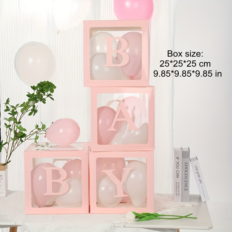 4-piece set of 9.85-inch baby gift box with BABY letters, including a white transparent square box and a transparent balloon box for birthday party decoration and gender reveal gifts (balloons not included).