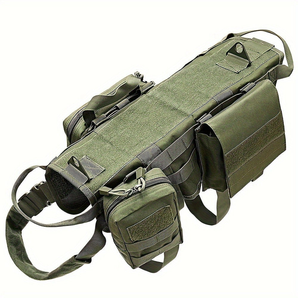 Tough, waterproof dog harness with pockets, washable, tan color, great for training and outdoor use.